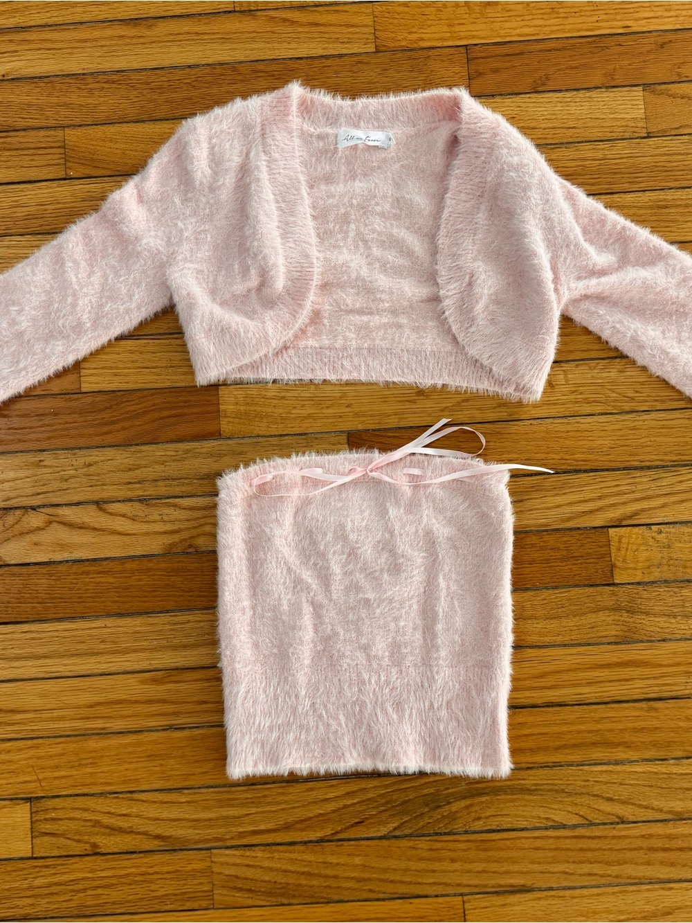 Nordstrom Soft Pink Fuzzy Ribbon Two-Piece Set - Crop Cardigan & Tube Top
